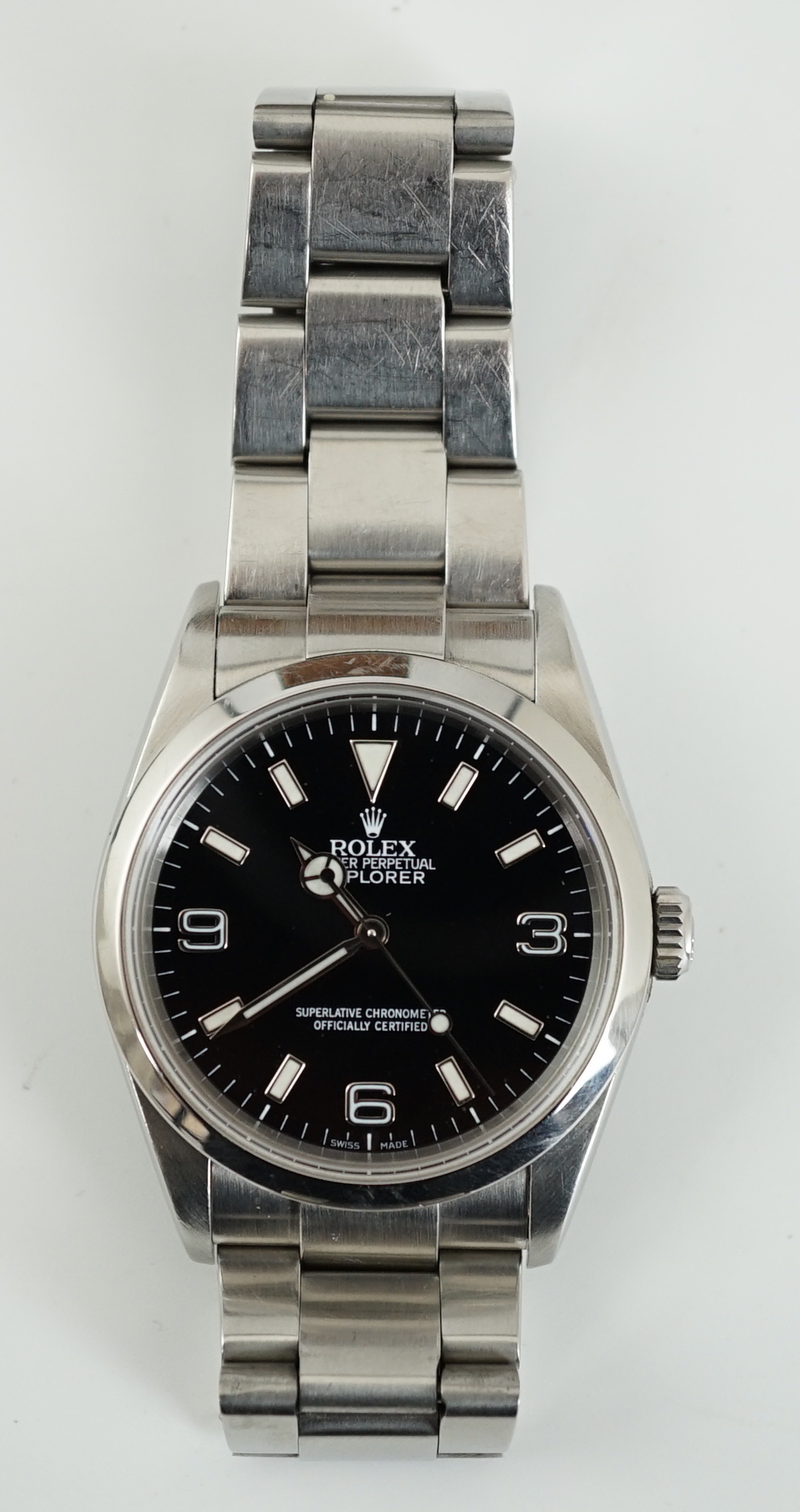 A gentleman's 2004 stainless steel Rolex Oyster Perpetual Explorer wrist watch